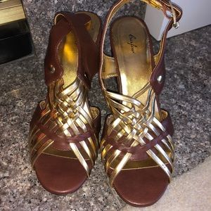 Curfew Florence Brown & Gold Woven Wedge Sandal
